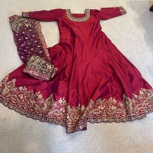 Embroidered Red Anarkali Dress with Gold Accents